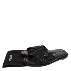 Pre Owned Chanel Black Textured Fabric CC Flat Criss Cross Slide Sandals Size 37