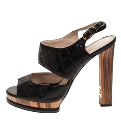 Chanel Black Quilted Detail Leather CC Ankle Strap Platform Sandals Size 37.5