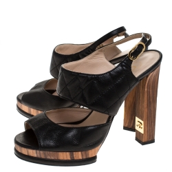 Chanel Black Quilted Detail Leather CC Ankle Strap Platform Sandals Size 37.5