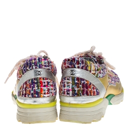 مملوكة مسبقًا Chanel Multicolor Tweed Fabric And Holographic Leather CC Lace Up Sneakers Size 36.5