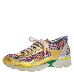 مملوكة مسبقًا Chanel Multicolor Tweed Fabric And Holographic Leather CC Lace Up Sneakers Size 36.5