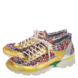 مملوكة مسبقًا Chanel Multicolor Tweed Fabric And Holographic Leather CC Lace Up Sneakers Size 36.5