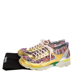 مملوكة مسبقًا Chanel Multicolor Tweed Fabric And Holographic Leather CC Lace Up Sneakers Size 36.5