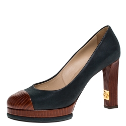 مملوكة مسبقًا Chanel Brown/Blue Nubuck Leather Cap Toe Pumps Size 38.5