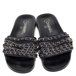 Pre Owned Chanel Black Leather CC Chain Embellished Flat Slides Size 35