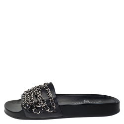 Pre Owned Chanel Black Leather CC Chain Embellished Flat Slides Size 35