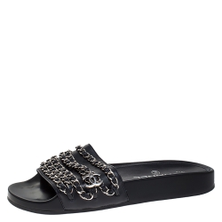 Pre Owned Chanel Black Leather CC Chain Embellished Flat Slides Size 35