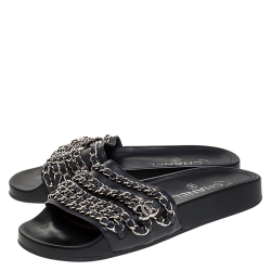 Pre Owned Chanel Black Leather CC Chain Embellished Flat Slides Size 35