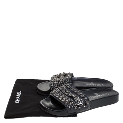Pre Owned Chanel Black Leather CC Chain Embellished Flat Slides Size 35