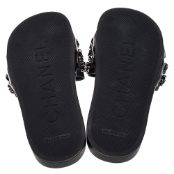 Pre Owned Chanel Black Leather CC Chain Embellished Flat Slides Size 35