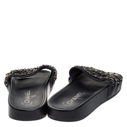 Pre Owned Chanel Black Leather CC Chain Embellished Flat Slides Size 35