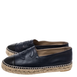 Pre Owned Chanel Blue/Black Leather CC Cap Toe Espadrille Flats Size 38
