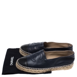 Pre Owned Chanel Blue/Black Leather CC Cap Toe Espadrille Flats Size 38