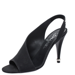 Chanel Black Fabric Open Toe CC Slingback Sandals Size 36.5