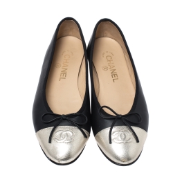 Pre Owned Chanel Black/Gold Leather CC Bow Ballet Flats Size 37.5