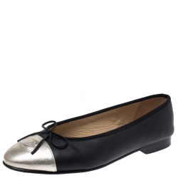 Pre Owned Chanel Black/Gold Leather CC Bow Ballet Flats Size 37.5