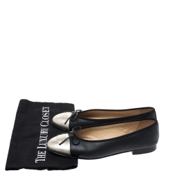 Pre Owned Chanel Black/Gold Leather CC Bow Ballet Flats Size 37.5