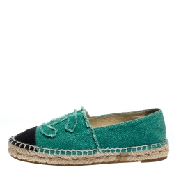 Pre Owned Chanel Green/Black Canvas CC Espadrille Flats Size 36