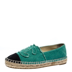 Pre Owned Chanel Green/Black Canvas CC Espadrille Flats Size 36