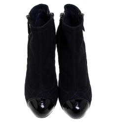Chanel Dark Blue Quilted Suede CC Platform Cap Toe Ankle Boots Size 36.5