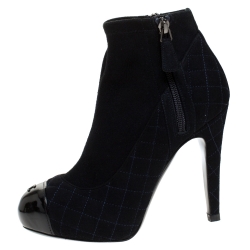 Chanel Dark Blue Quilted Suede CC Platform Cap Toe Ankle Boots Size 36.5