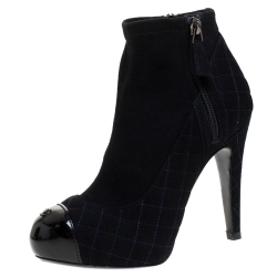 Chanel Dark Blue Quilted Suede CC Platform Cap Toe Ankle Boots Size 36.5