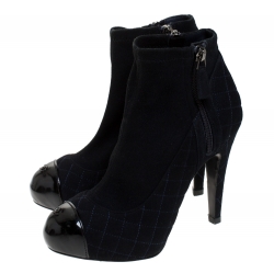 Chanel Dark Blue Quilted Suede CC Platform Cap Toe Ankle Boots Size 36.5