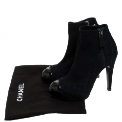 Chanel Dark Blue Quilted Suede CC Platform Cap Toe Ankle Boots Size 36.5