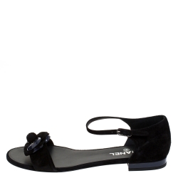 Pre Owned Chanel Black Suede CC Camellia Ankle Strap Flat Sandals Size 41.5