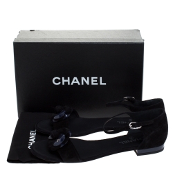 Pre Owned Chanel Black Suede CC Camellia Ankle Strap Flat Sandals Size 41.5