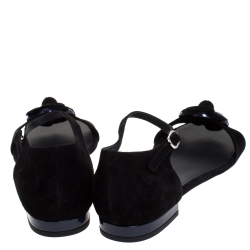Pre Owned Chanel Black Suede CC Camellia Ankle Strap Flat Sandals Size 41.5