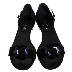 Pre Owned Chanel Black Suede CC Camellia Ankle Strap Flat Sandals Size 41.5