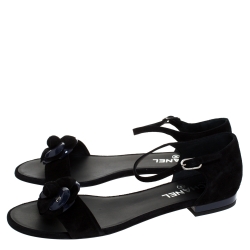 Pre Owned Chanel Black Suede CC Camellia Ankle Strap Flat Sandals Size 41.5