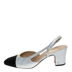 Chanel Silver Leather and Black Fabric Cap Toe Slingback Sandals