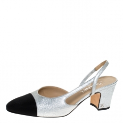 Chanel Silver Leather and Black Fabric Cap Toe Slingback Sandals