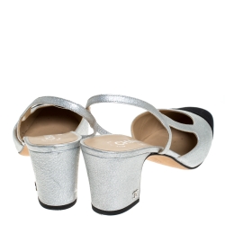 Chanel Silver Leather and Black Fabric Cap Toe Slingback Sandals Size 39.5