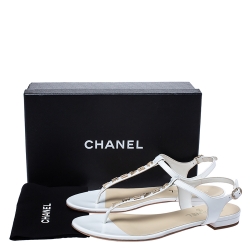 Pre Owned Chanel White Leather Logo T Strap Thong Sandals Size 40.5