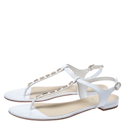 Pre Owned Chanel White Leather Logo T Strap Thong Sandals Size 40.5