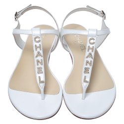 Pre Owned Chanel White Leather Logo T Strap Thong Sandals Size 40.5
