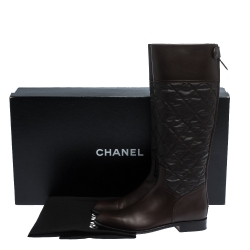 Chanel Dark Brown Quilted Fabric And Leather CC Knee Length Boots Size 40.5