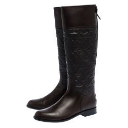 Chanel Dark Brown Quilted Fabric And Leather CC Knee Length Boots Size 40.5