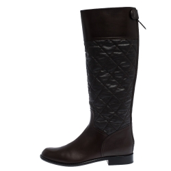 Chanel Dark Brown Quilted Fabric And Leather CC Knee Length Boots Size 40.5