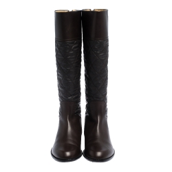 Chanel Dark Brown Quilted Fabric And Leather CC Knee Length Boots Size 40.5