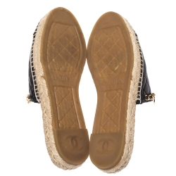 Pre Owned Chanel Black Quilted Leather Cap Toe Chain Espadrille Mules Size 37