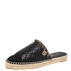 Pre Owned Chanel Black Quilted Leather Cap Toe Chain Espadrille Mules Size 37