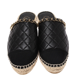 Pre Owned Chanel Black Quilted Leather Cap Toe Chain Espadrille Mules Size 37