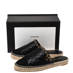 Pre Owned Chanel Black Quilted Leather Cap Toe Chain Espadrille Mules Size 37