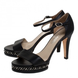 Chanel Black Leather Ankle Strap Chain Sandals Size 39.5