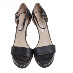 Chanel Black Leather Ankle Strap Chain Sandals Size 39.5
