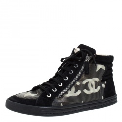 Pre Owned حذاء رياضي شانيل مرتفع من أعلى سحاب مزدوج CC جلد أسود وسويدي مقاس 40